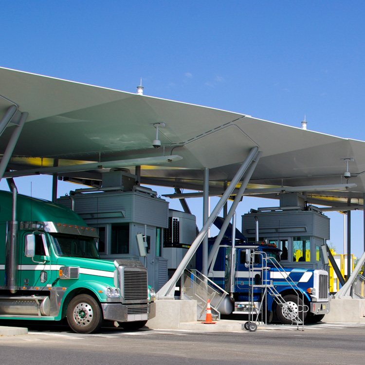 Flatbed truck hauling cross border freight